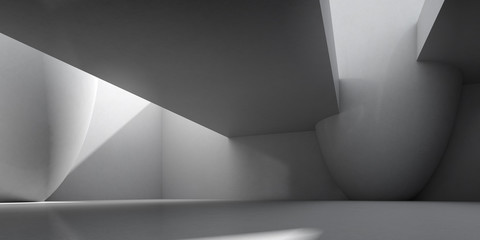Aufkleber - Abstract of concrete interior space with sun light cast the shadow on the wall and floor,Geometric structure design,Perspective of brutalism  architecture,3d rendering.
