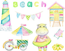 Hippo, Lighthouse, Beach House, Umbrella. Watercolor Set, On An Isolated Background. Vector Illustration