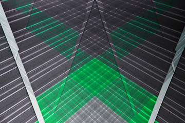 Poster - Computer graphics resembling architectural structure of panels. Abstract modern architecture background. Geometric pattern of parallel lines and angular or polygonal structure.