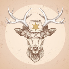 Wall Mural - Retro Hipster animal deer with sheriff's hat. Hand drawing Muzzle of animal deer