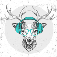 Wall Mural - Hipster animal deer with headphones. Hand drawing Muzzle of animal deer