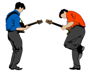 Wall Mural - Two guitarists play at a concert. Silhouettes of musicians on a white background