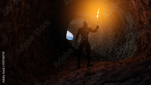 Cuadros en Lienzo 3d Illustration of a reptilian humanoid holding a burning torch in a cave