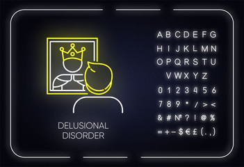 Poster - Delusional disorder neon light icon. Man in mirror. Bizzare beliefs. Optical delusion. Megalomania. Mental illness. Glowing sign with alphabet, numbers and symbols. Vector isolated illustration