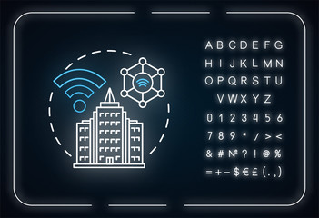 Wall Mural - Smart city neon light concept icon. 5G technologies idea. Internet of things, networks. Futuristic tech. Urban technology. Glowing sign with alphabet, numbers and symbols. Vector isolated illustration