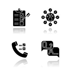 Poster - Survey methods drop shadow black glyph icons set. Telephone poll. Chemical analysis. Questionnaire. Interview. Public opinion. Customer review. Feedback. Data collection. Isolated vector illustrations