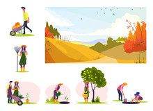 Set Of Young Couple Working At Orchard. Flat Vector Illustrations Of Young Farmers Planting, Watering Plants, Gathering Harvest. Own Farm Concept For Banner, Website Design Or Landing Web Page