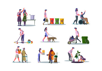 Wall Mural - Set of volunteers helping people and caring about environment. Flat vector illustrations of people cooking, recycling. Volunteering concept for banner, website design or landing web page