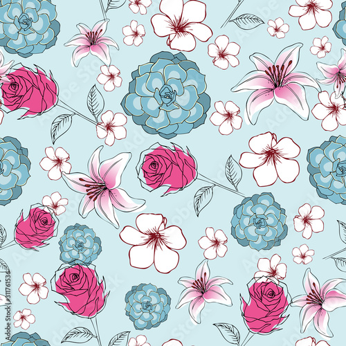 seamless-floral-pattern-of-exotic-lily-flowers-roses-and-succulents