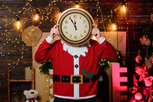 Almost Midnight. Make Wish. Santa Claus Hold Vintage Clock. Time To Celebrate. Merry Christmas. Bearded Man Informing Time. Time For Winter Party. Get Ready. Few Minutes Left. New Year Countdown