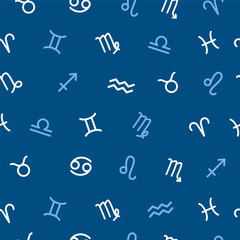 Wall Mural - Zodiac signs on a blue background, seamless pattern, vector flat illustration. Astrological background with zodiac signs