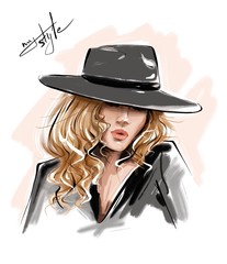 Sticker - Hand drawn beautiful young woman in hat. Stylish blonde hair girl. Fashion woman look. Sketch.