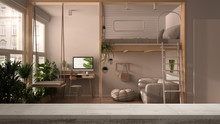 Wooden Vintage Table Top Or Shelf Closeup, Zen Mood, Over Studio Apartment With Loft Bunk Double Bed, Mezzanine, Swing. Living Room With Sofa, Home Workplace, Computer, Potted Plants