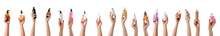 Female Hands With Different Cosmetic Products In Bottles On White Background