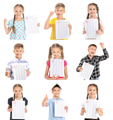 Wall Mural - Happy children with results of school test on white background