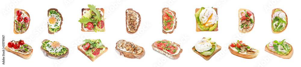 Different tasty sandwiches on white background - obrazy, fototapety, plakaty 
