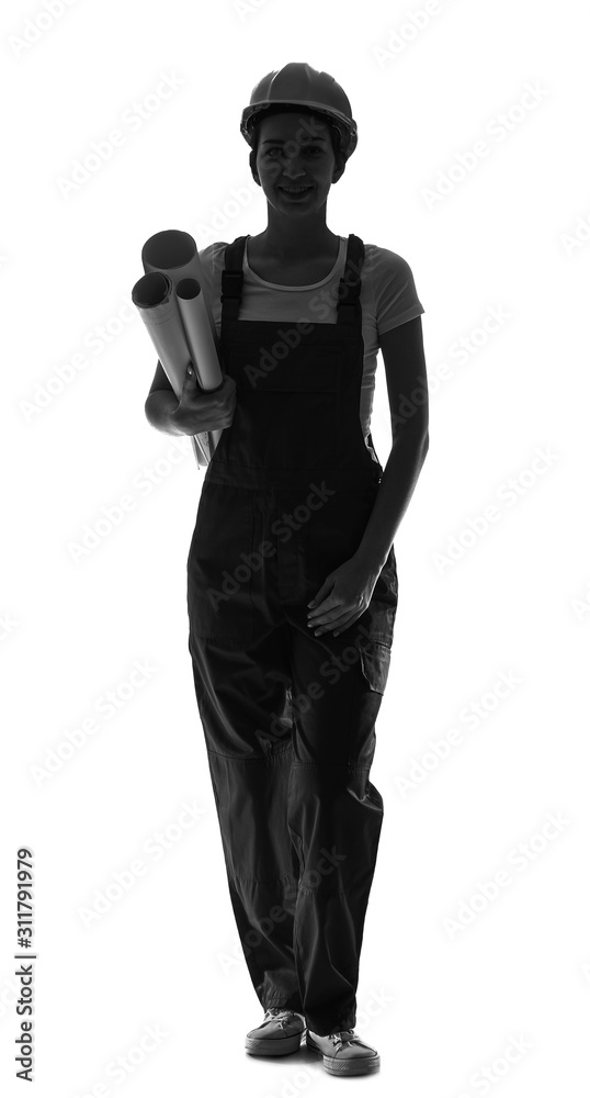 Silhouette of female architect on white background