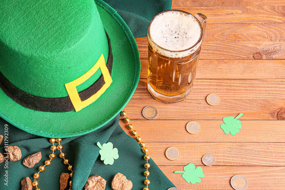 Composition for St. Patrick's Day on wooden background