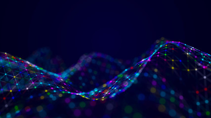 Fototapete - The musical stream of sounds. Abstract background with interweaving of colored dots and lines.