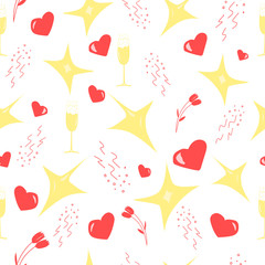  seamless pattern with champagne and hearts for valentines day