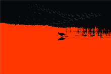 Sunset Nature And Bird. Vector Image. Red Black Background.