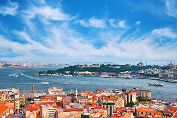 Aerial panorama of Golden Horn from Galata tower in Istanbul, Turkey