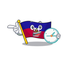 Sticker - smiling flag haiti Scroll cartoon character style with clock