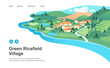 village with houses, ricefield, mountain and river landscape vector illustration