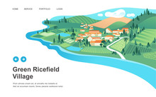 Village With Houses, Ricefield, Mountain And River Landscape Vector Illustration