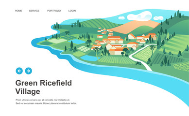 village with houses, ricefield, mountain and river landscape vector illustration