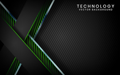 Poster - Abstract 3D black technology background overlap layers on dark space with green light effect decoration. Modern graphic design template elements for poster, flyer, brochure, or banner