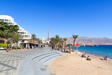 Eilat Resort Promenade With Hotels And Beach At Red Sea, Israel