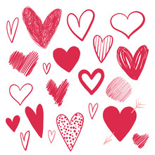 Set Of Doodle Hearts Drawn By Hand. Isolated On White Background
