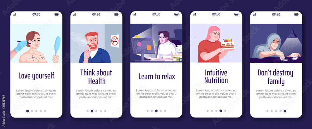 Addiction overcoming onboarding mobile app screen vector template. Help ...