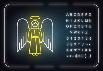 Sticker - Angel neon light icon. Biblical archangel. Human figure in robe with wings and halo. Gods messenger. Christian symbol. Glowing sign with alphabet, numbers and symbols. Vector isolated illustration