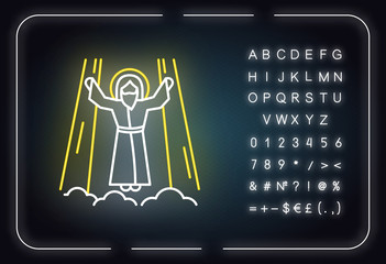 Canvas Print - Ascension of Jesus Christ neon light icon. Savior in heaven in glory. Bible easter story. New Testament. Glowing sign with alphabet, numbers and symbols. Vector isolated illustration