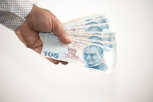 The Man Is Counting Turkish Lira Banknote