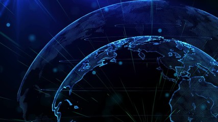 Digital planet of Earth. Globe with shining continents. 3D animation with digital Earth and particles. Abstract global business concept.