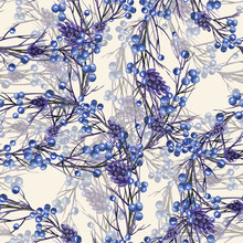 Watercolor Seamless Pattern. Background With Berries Twigs.