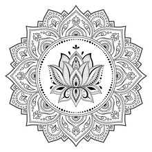 Circular Pattern In Form Of Mandala With Lotus Flower For Henna, Mehndi, Tattoo, Decoration. Decorative Ornament In Ethnic Oriental Style. Outline Doodle Hand Draw Vector Illustration.