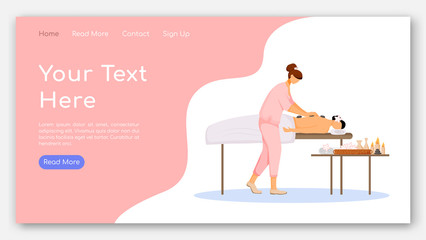Poster - Spa center landing page vector template. Beauty salon website interface idea with flat illustrations. Stone massage therapy homepage layout. Aromatherapy web banner, webpage cartoon concept