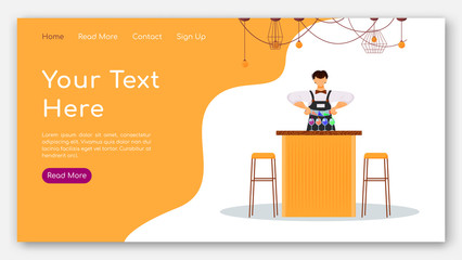 Poster - Lobby bar landing page vector template. Hotel party website interface idea with flat illustrations. Bartender with cocktails. Drinks ordering homepage layout. Event web banner, webpage cartoon concept