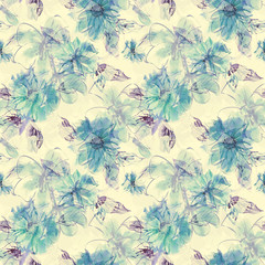  Flowers Seamless Pattern. Watercolor Artistic Template.
