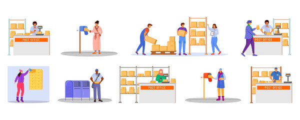 Poster - Post office male workers and loaders flat color vector illustration set. Woman receives letter. Post service delivery. Boxes and parcels transportation isolated cartoon character on white background