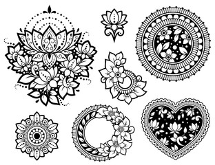 Big set of Mehndi flower pattern, lotus, heart and mandala for Henna drawing and tattoo. Decoration in ethnic oriental, Indian style. Doodle ornament. Outline hand draw vector illustration.