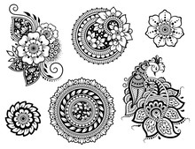 Big Set Of Mehndi Flower Pattern, Peacock And Mandala For Henna Drawing And Tattoo. Decoration In Ethnic Oriental, Indian Style. Doodle Ornament. Outline Hand Draw Vector Illustration.