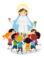 Wall Mural - Stickman Kids Mother Mary Flowers