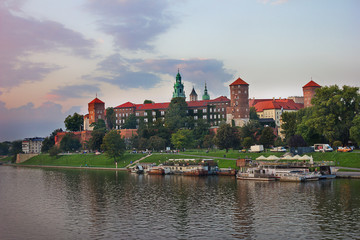 Sticker - evening landscape with views of the Wawel Palace and the Vistula. Krakow, Poland.