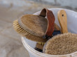 Dandy brushes for cleaning the horse. Horse care. Grooming of horses. Horizontal format