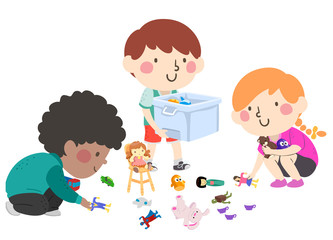 Poster - Kids Help Pick Up Toys Illustration